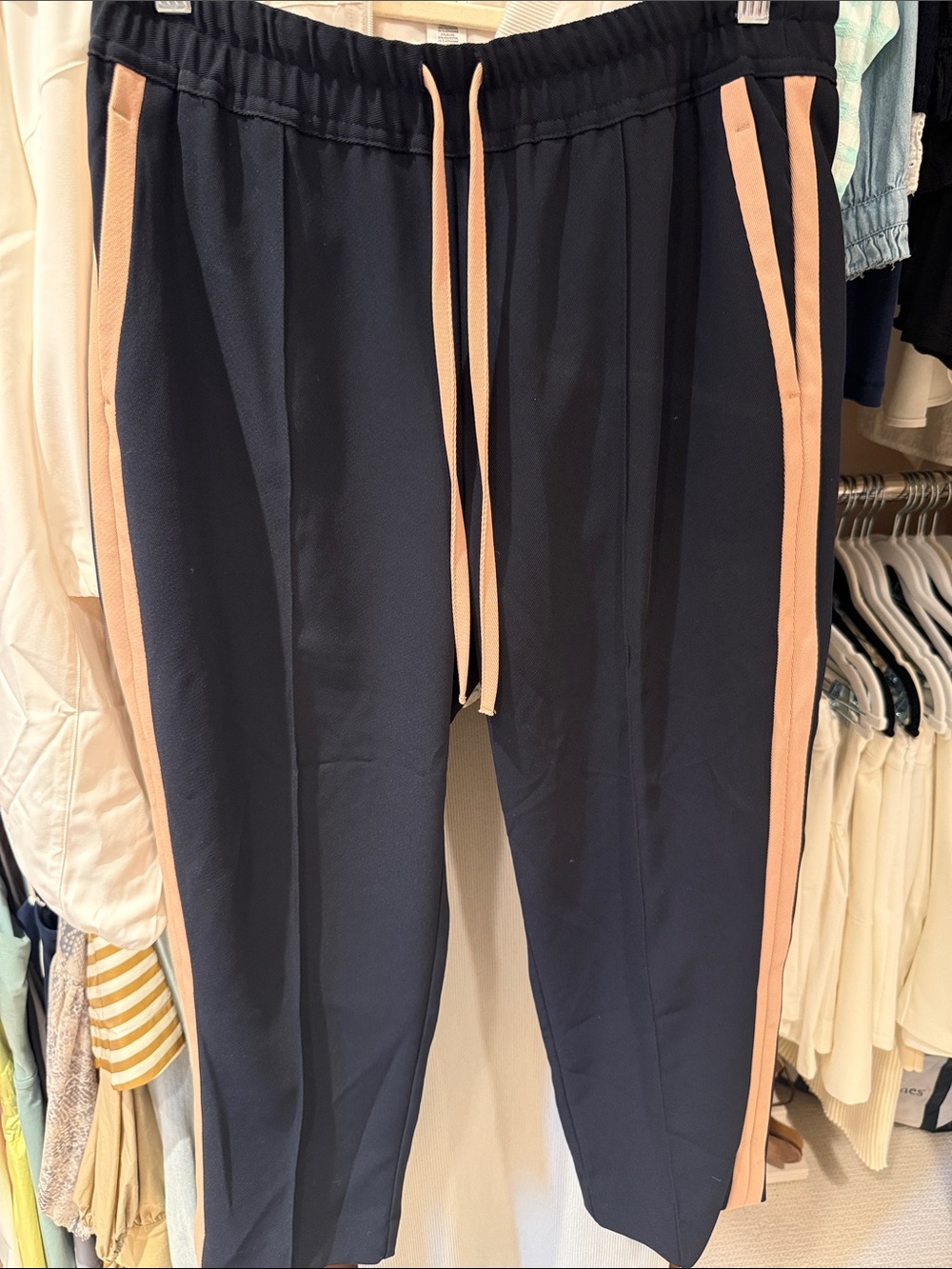 REISS Women's Navy Jogger Pants with tan Side Stripes